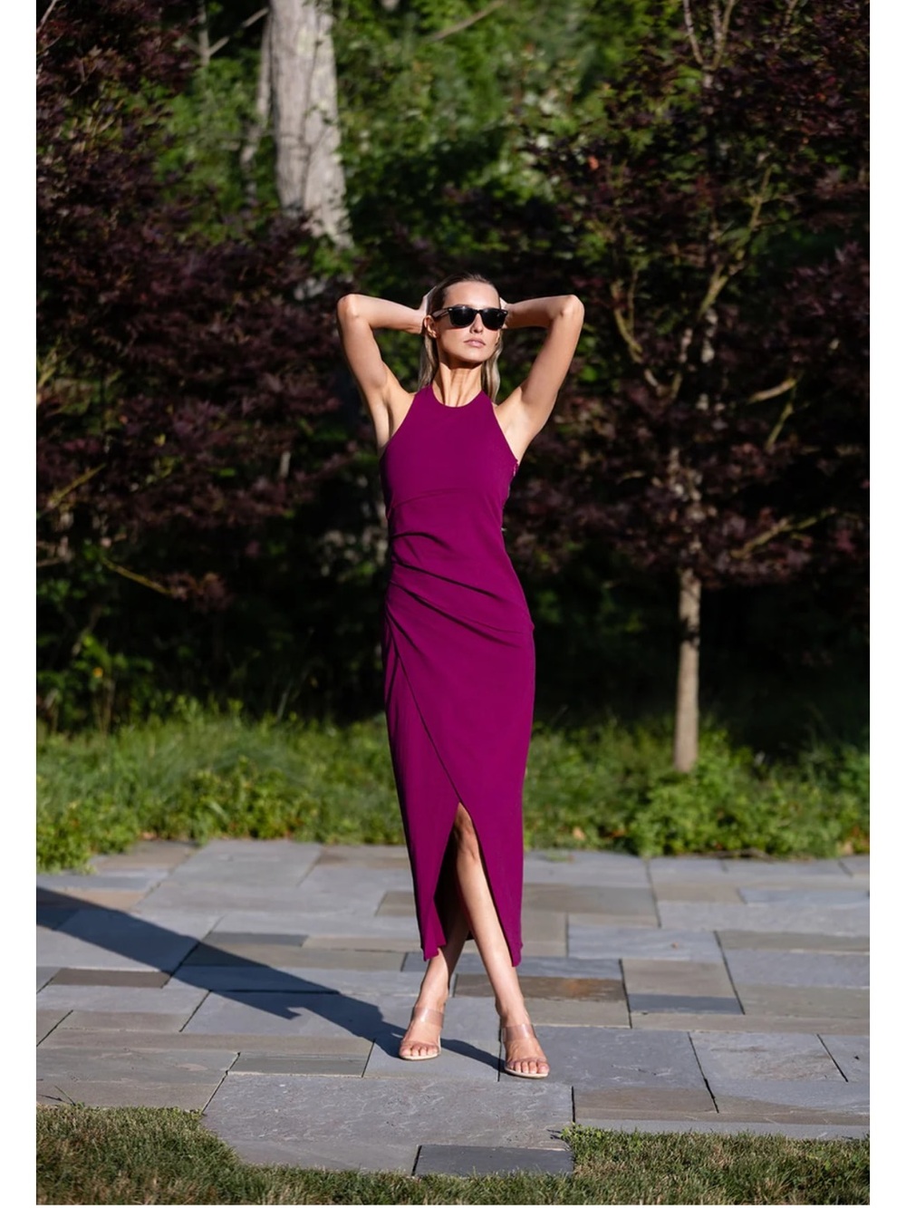 Julia Amory Hadley dress Sleeveless Halter Midi Dress in Magenta with Front Slit